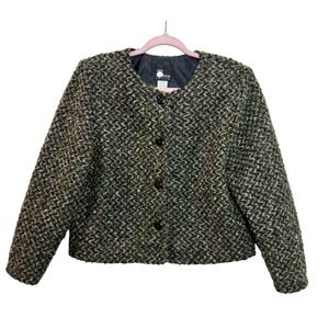 First Option Dark Academia Classic‎ Tweed Jacket Blazer Chevron Green Large PL